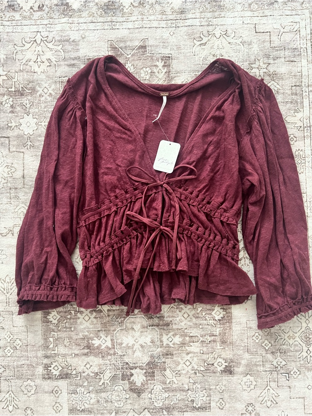 Free People Burgundy Boho Tie-Front Peplum Blouse